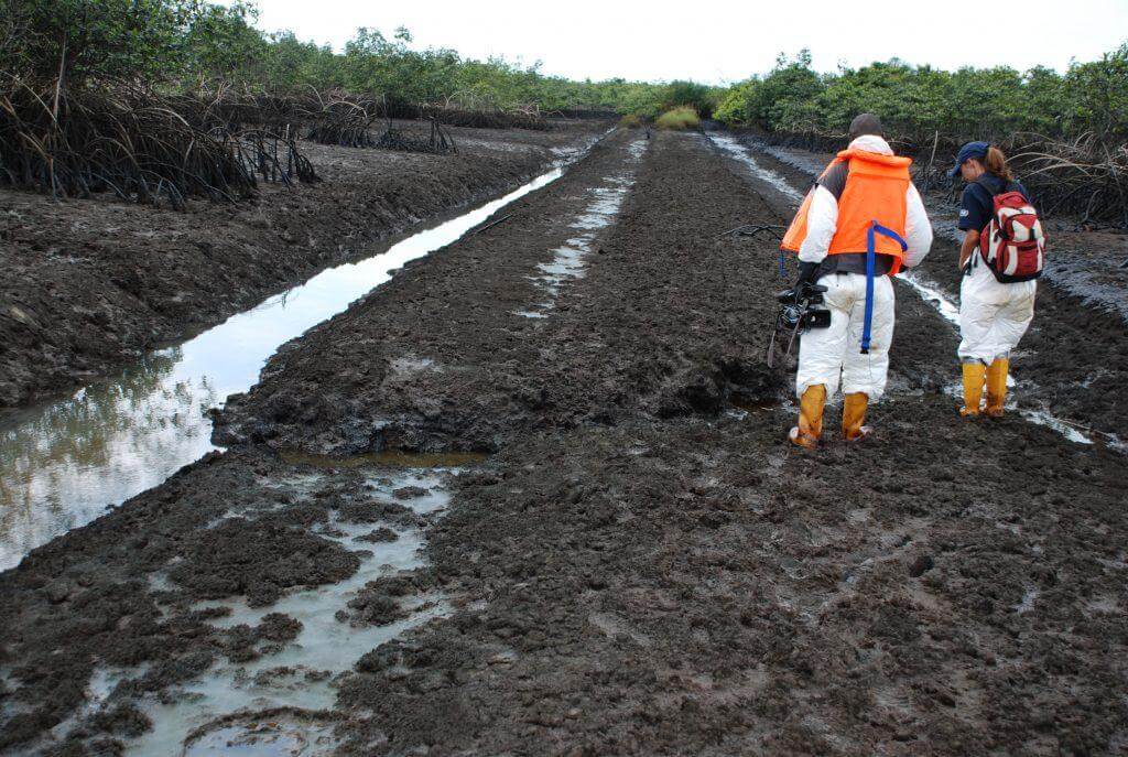 Environmental specialists in protective clothing walking across a cleanup site