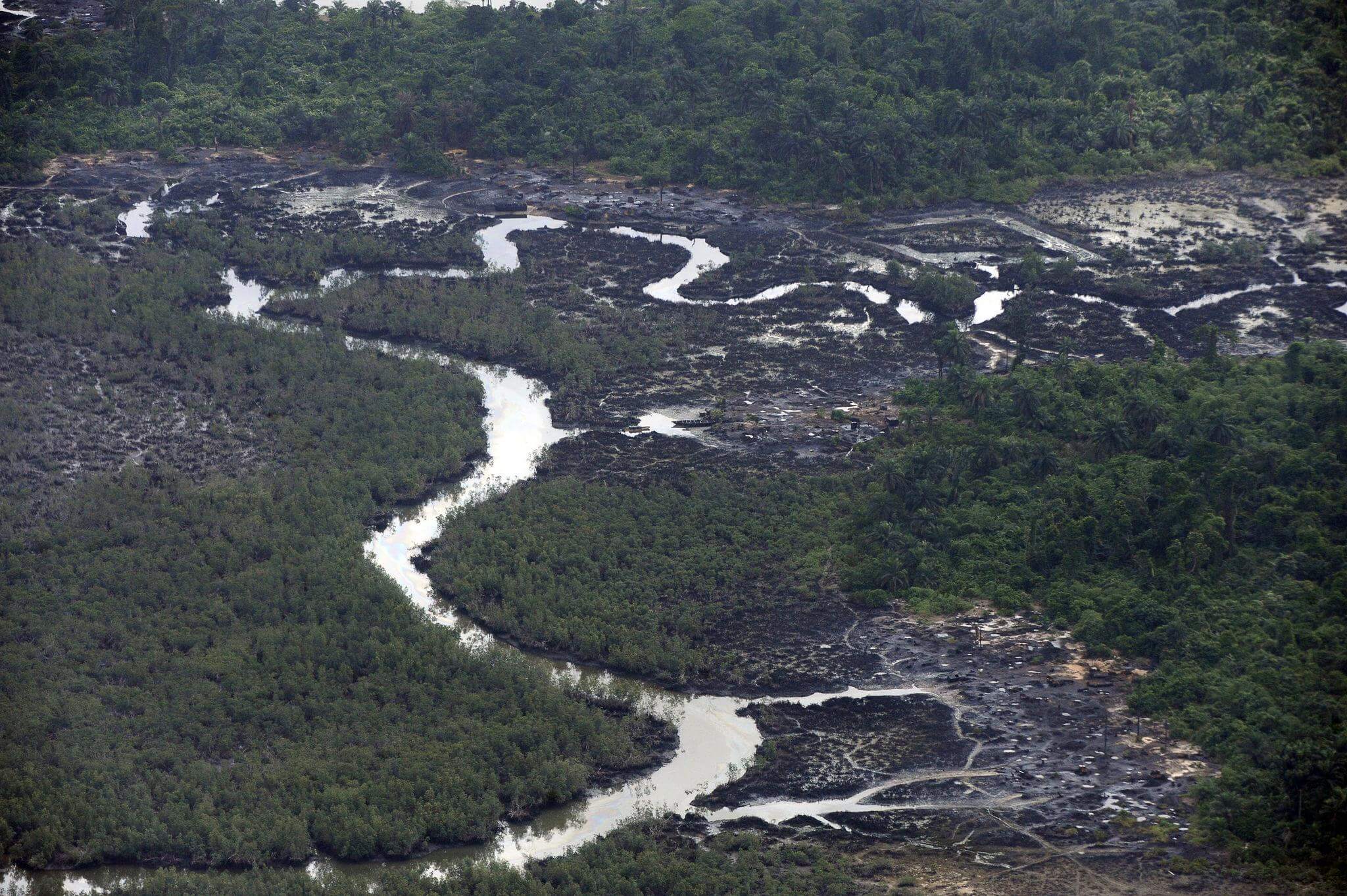 Aerial view of a documented oil-spill site in the Niger Delta